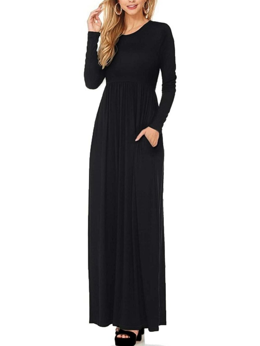 Hybrid Women's 1X Dress NWT Comfy Plain Casual Long Black Maxi w/ Pockets